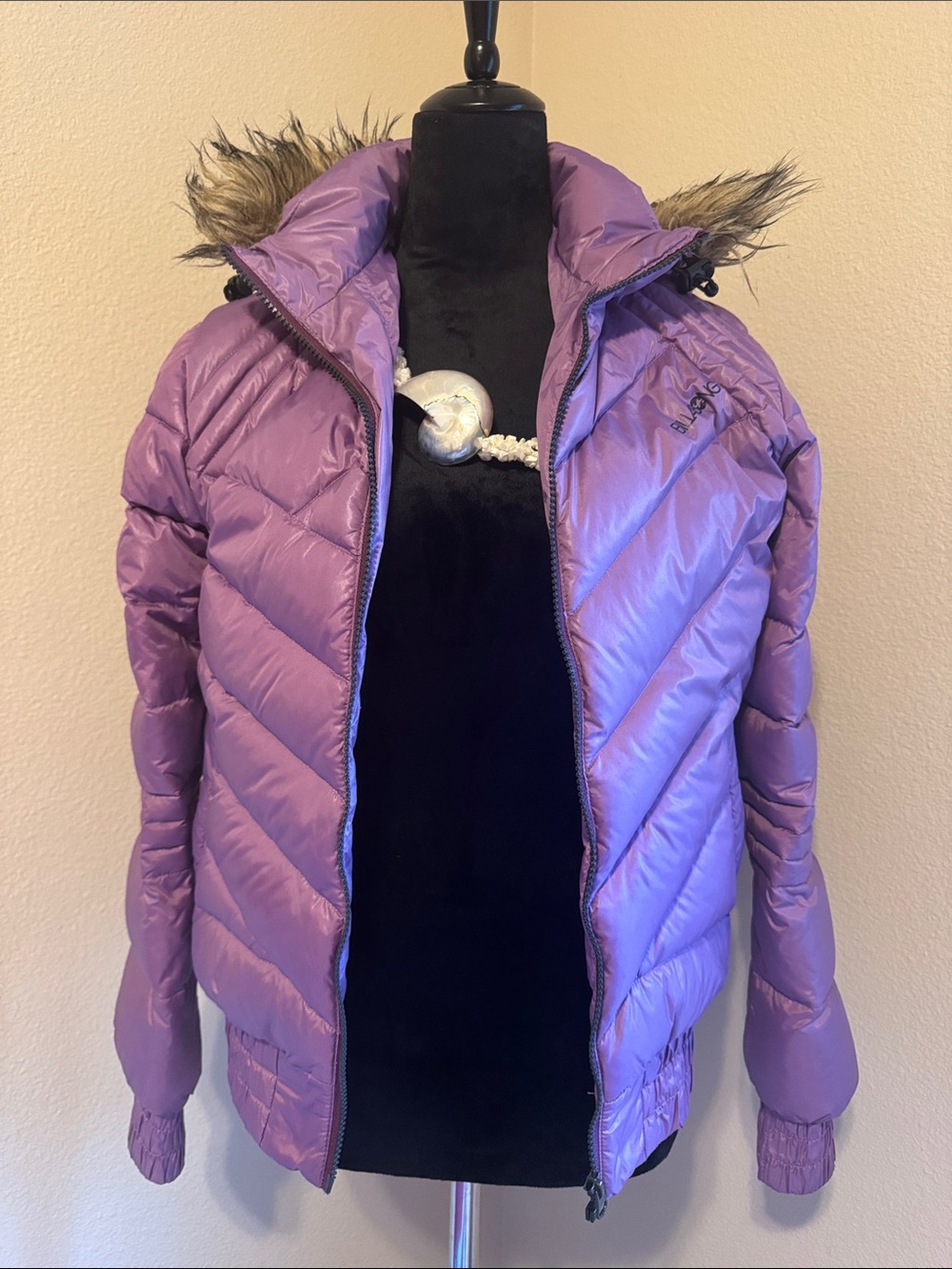 Billabong Lavender Quilted Puffer Jacket with Removable Faux Fur Hood